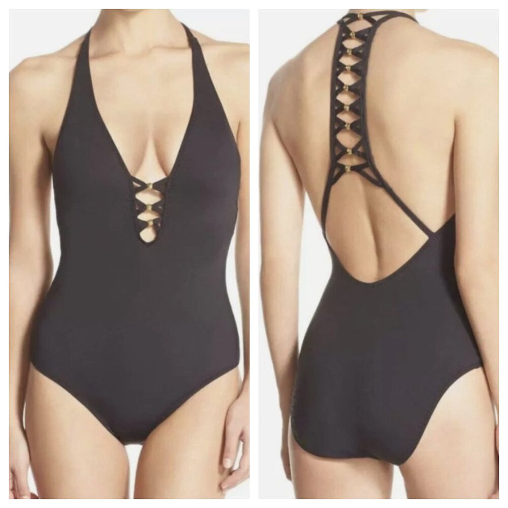 Trina Turk Algiers Beaded V Plunge One Piece Swimsuit Black Size 6 NWT
